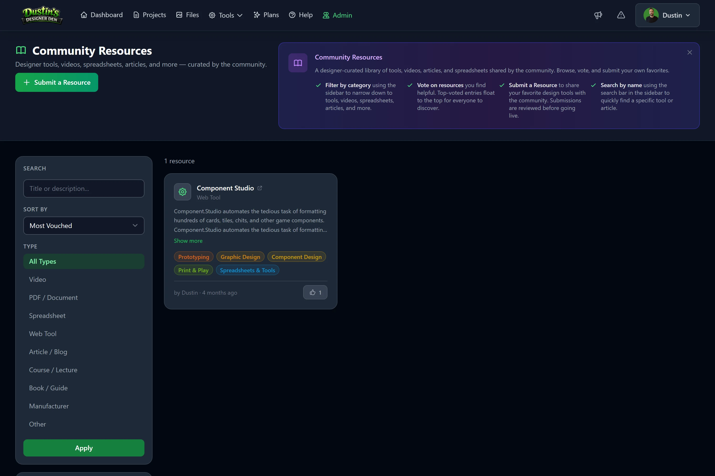 The Community Resources page: type filters and search on the left, and vouched resource cards with tags