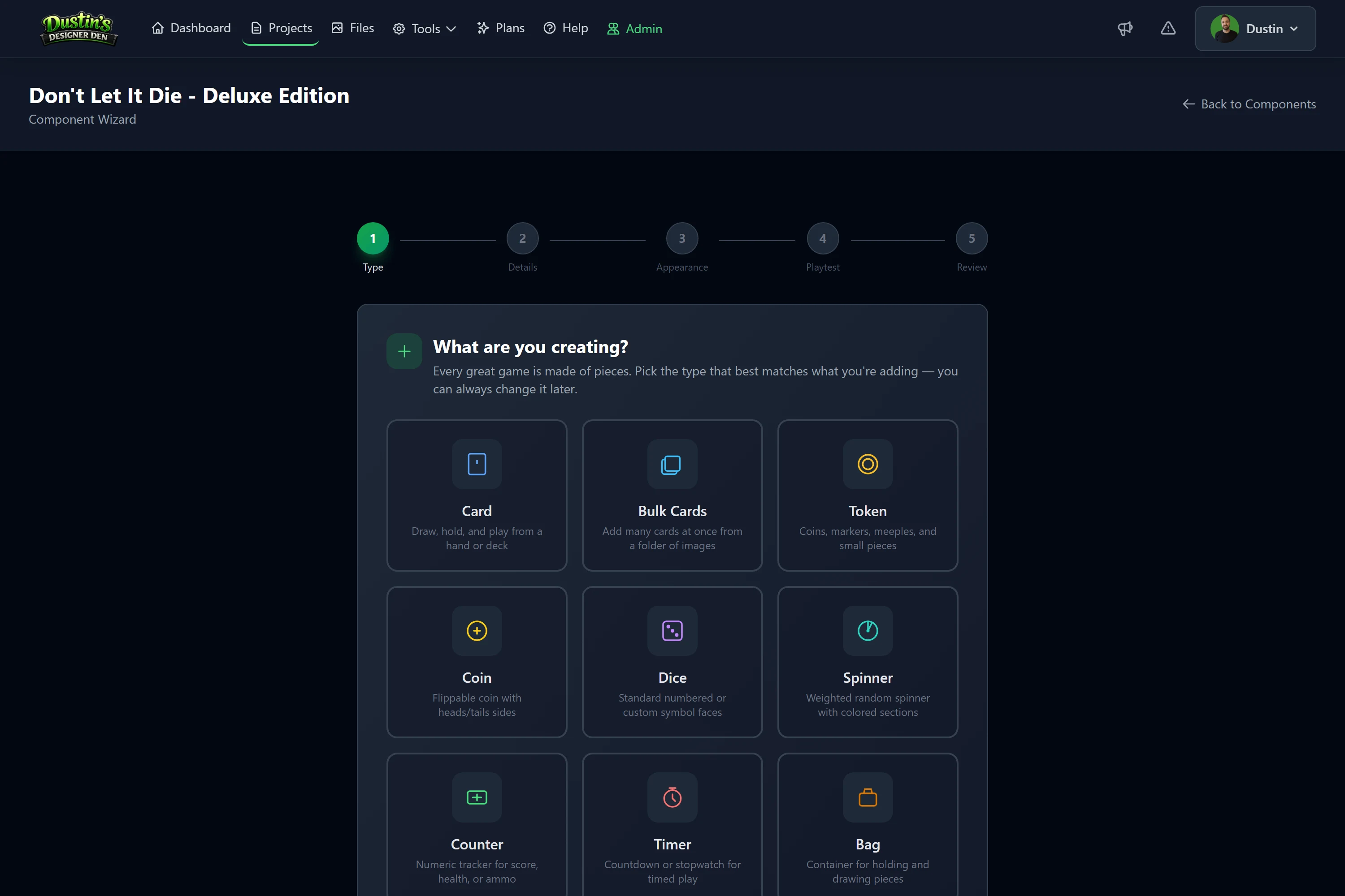 The Component Wizard asks what you're creating — Card, Token, Coin, Dice, Spinner, Counter, Timer, Bag, and more