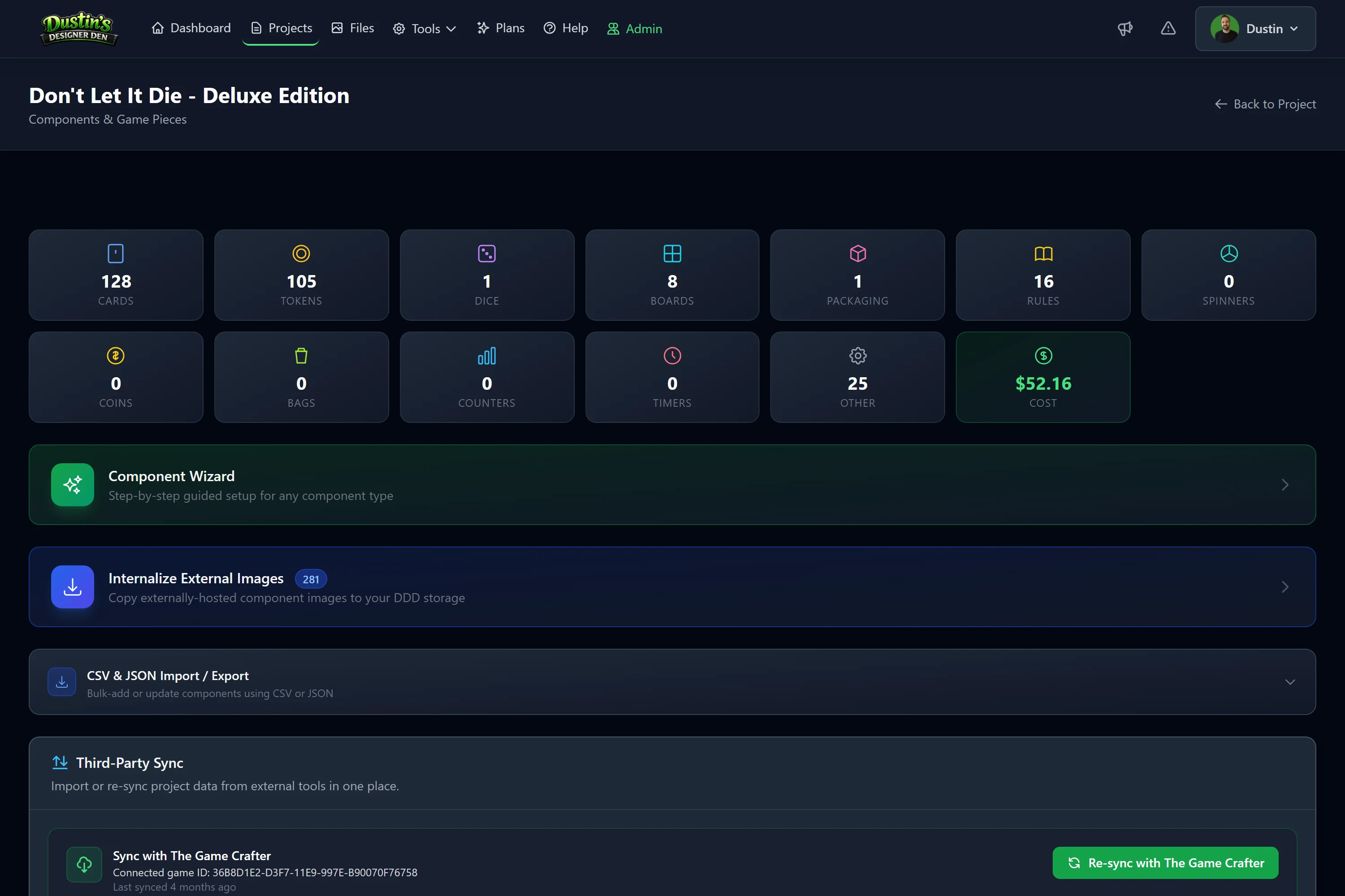 A project's Components page: counts by type, an estimated cost, and the Wizard, import/export, and sync tools