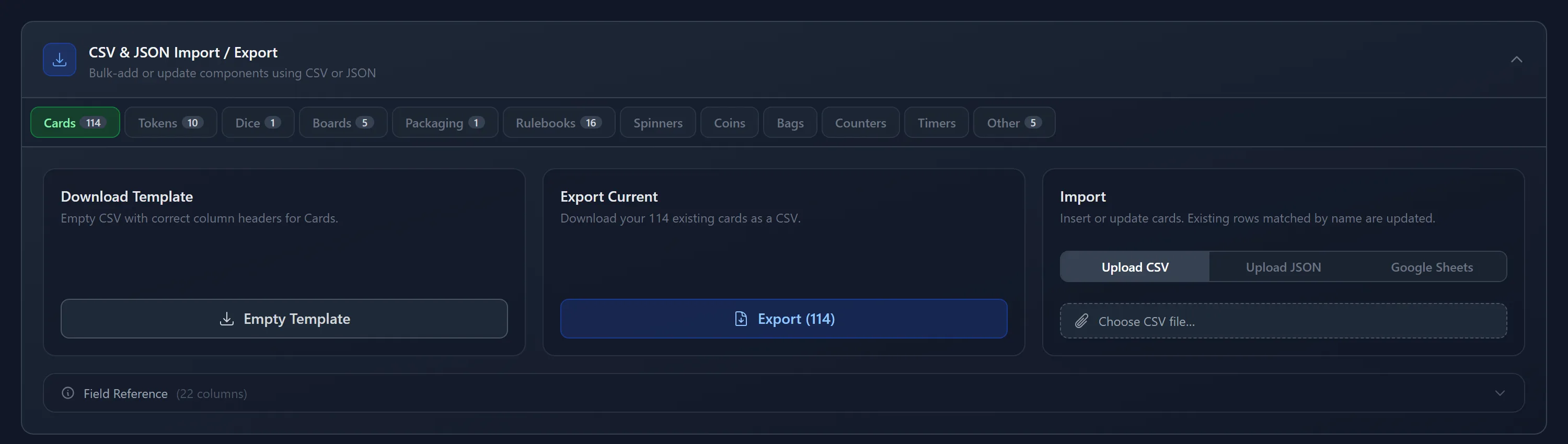 The CSV & JSON Import / Export panel, with a tab per component type and the Download Template, Export Current, and Import actions