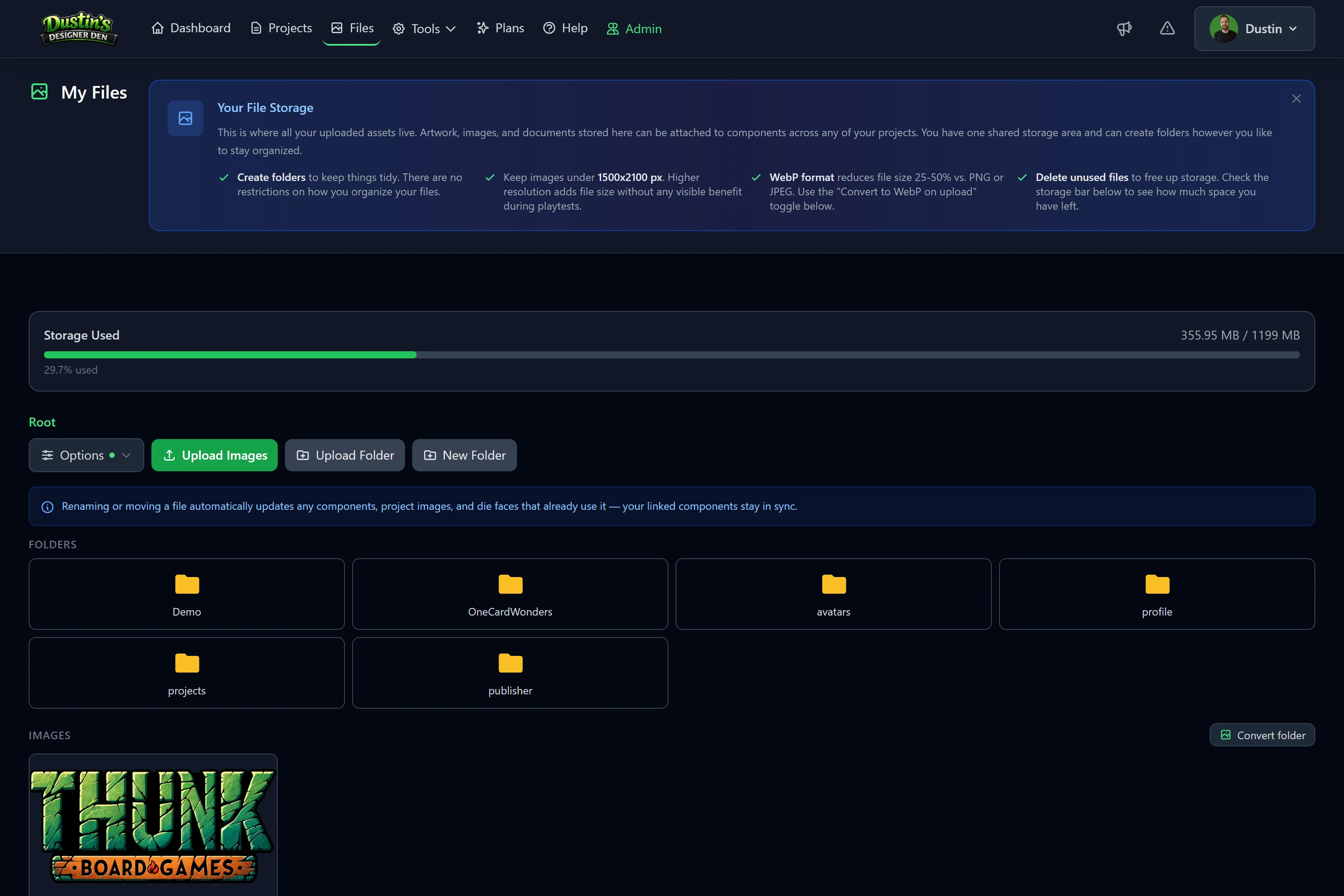 The My Files page with the storage meter, upload controls, and folders of images