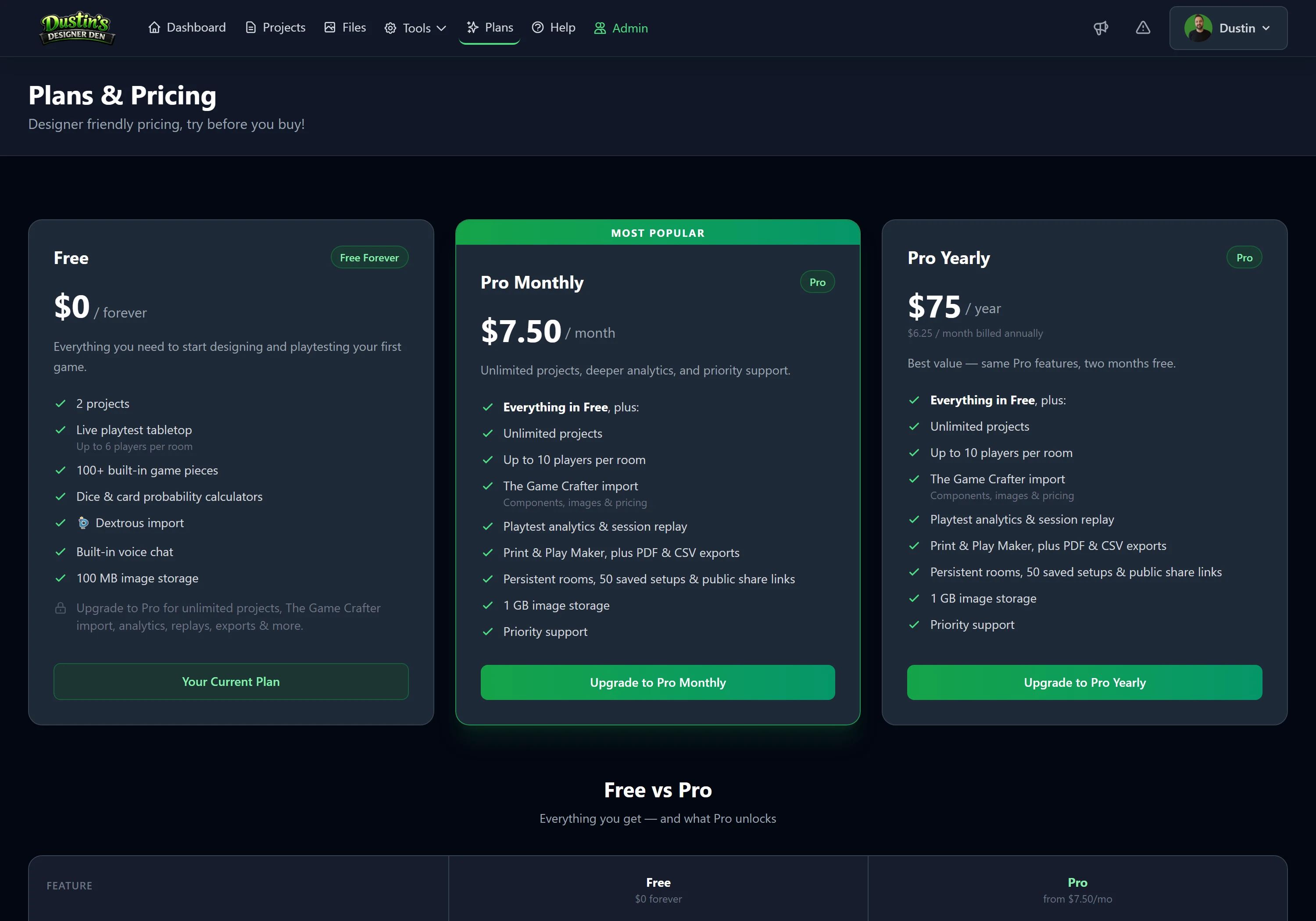The Plans & Pricing page — Free, Pro Monthly, and Pro Yearly, each with its full feature list
