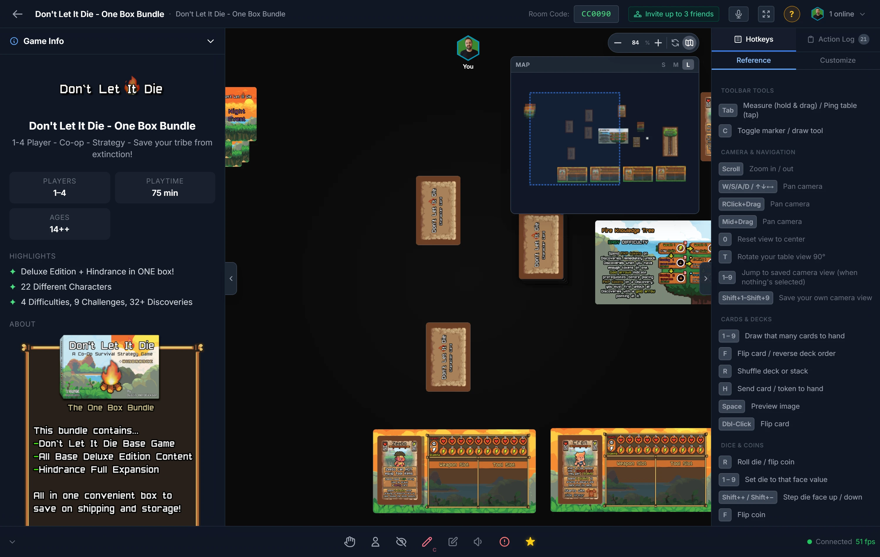 The minimap opened large, with the zoom controls beside it — the blue box shows the part of the table you're viewing