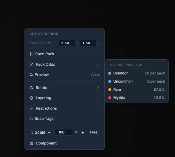 The pack's right-click menu with the Pack Odds submenu open, listing each tier's colour, name and chance