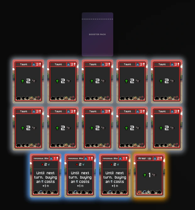 A booster pack opened on the table: ten commons, three uncommons and a chase card, each glowing in its rarity colour