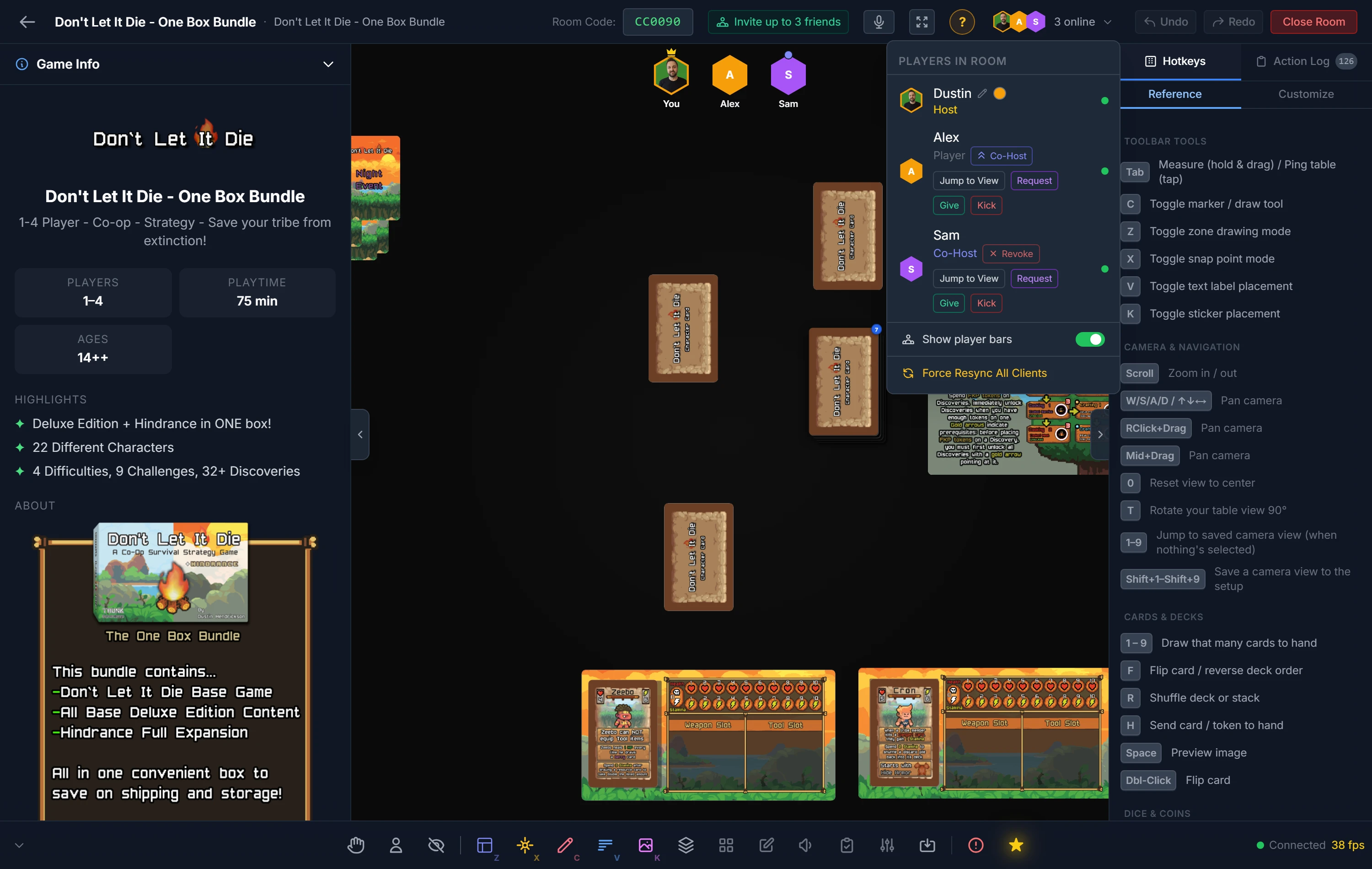 The Players in Room panel showing a Host, a Player with a Co-Host promote button, and a Co-Host with a Revoke button, plus per-player Give and Kick controls