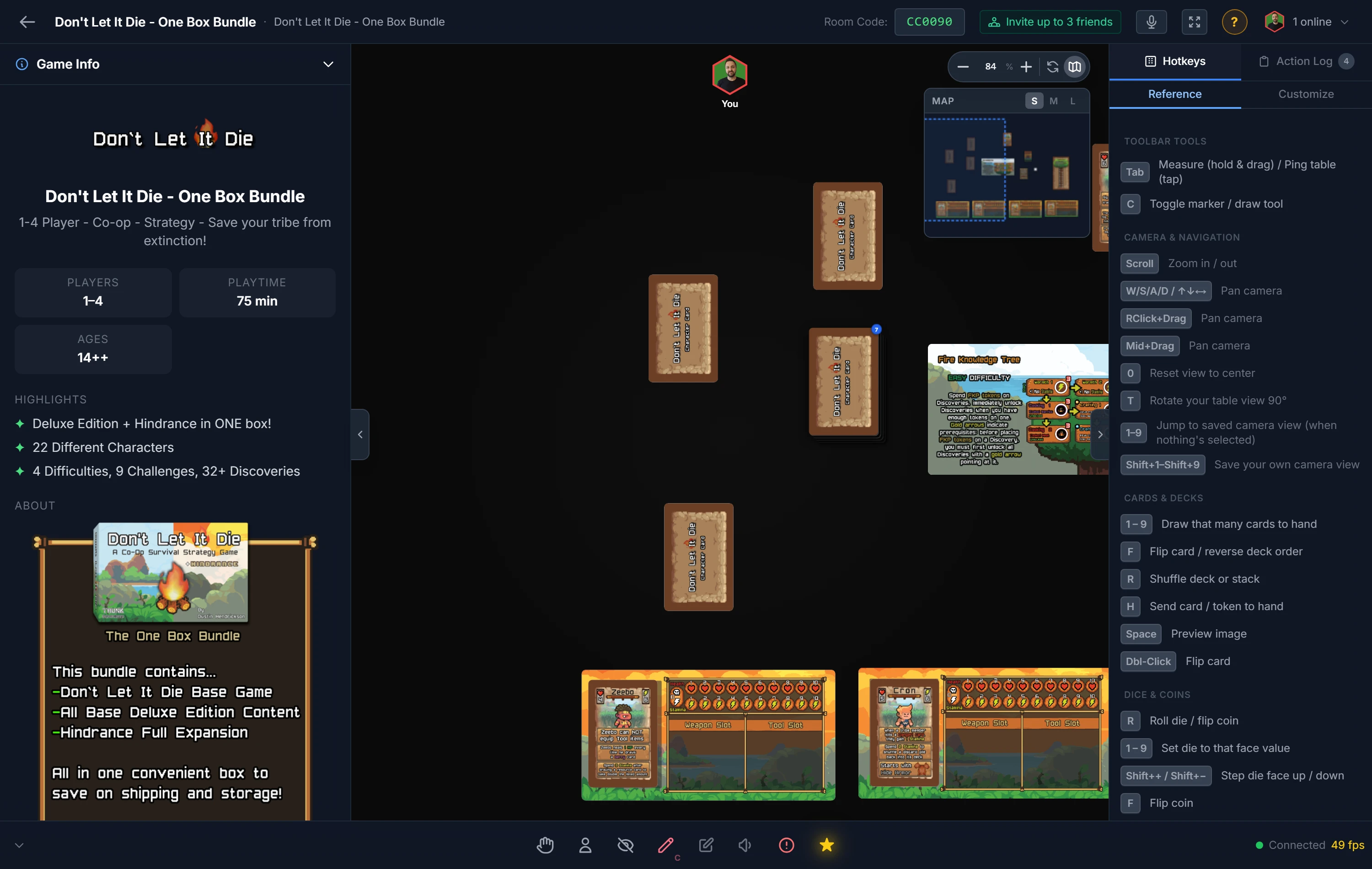 The room's top bar shows the room code and an "Invite up to 3 friends" button; click either to copy the invite link