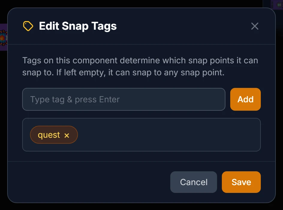 The Edit Snap Tags dialog for a piece on the table