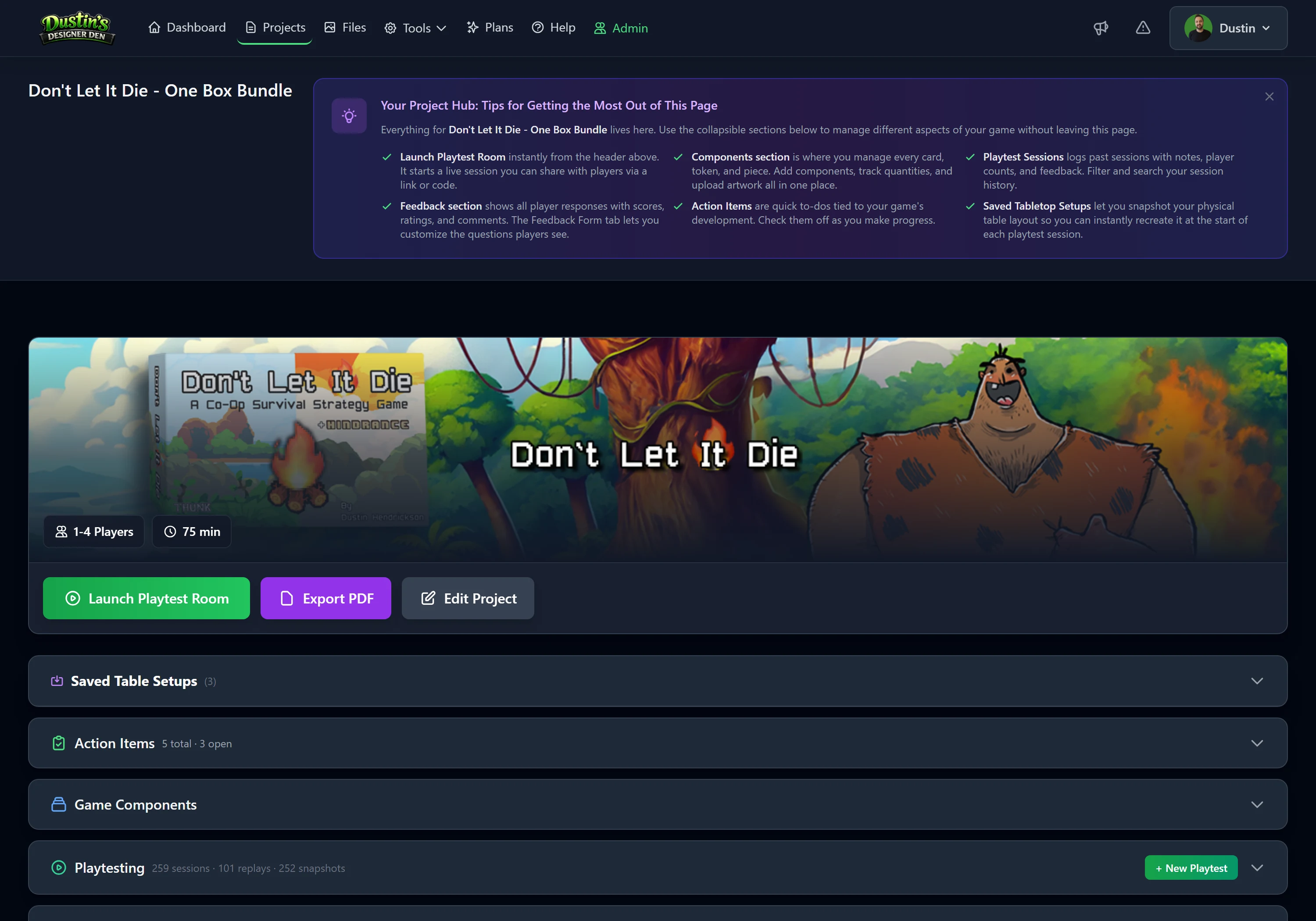 The project page, with Launch Playtest Room in the header and a Saved Table Setups section below