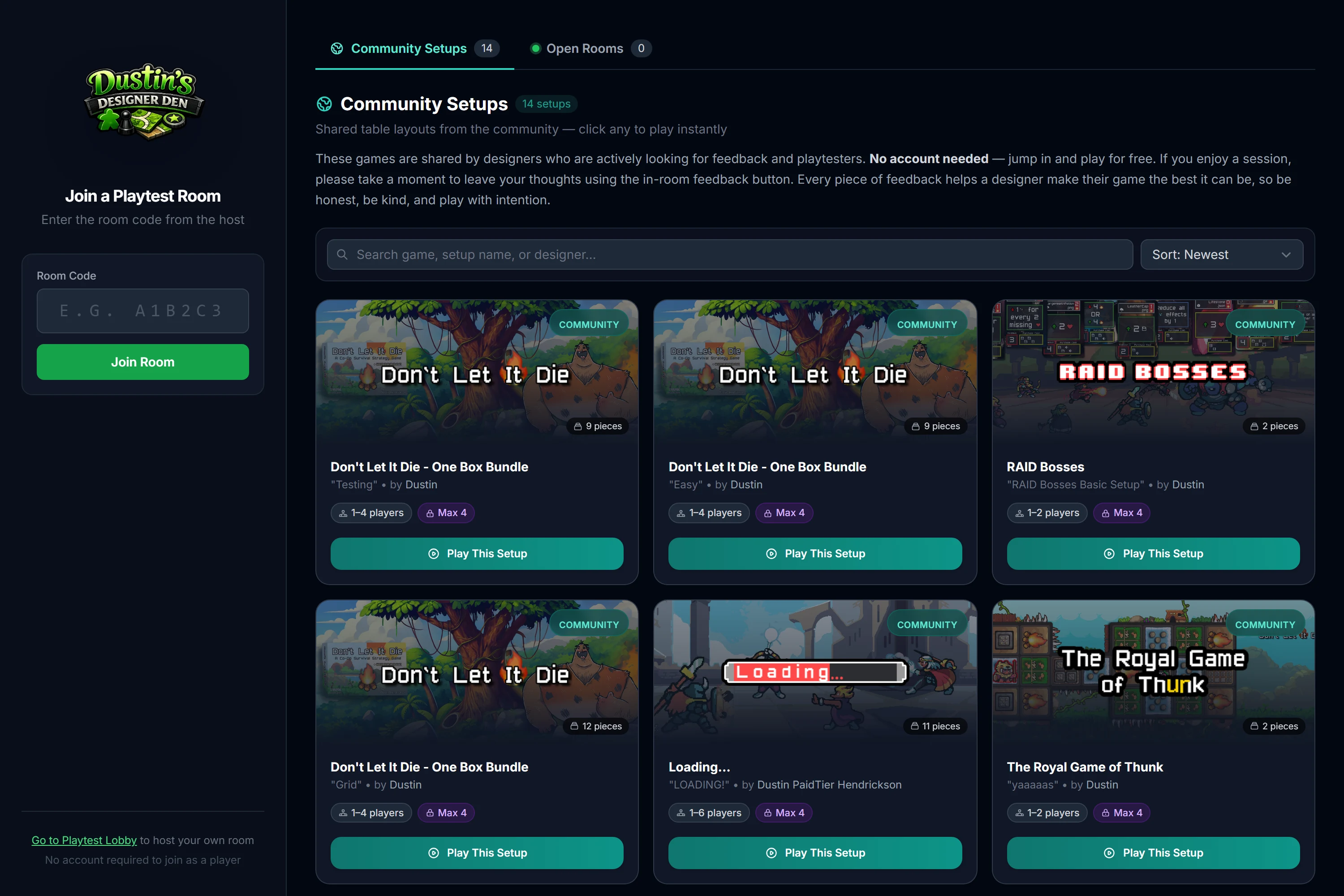 The public join page: a room-code box on the left and community setups you can play instantly on the right