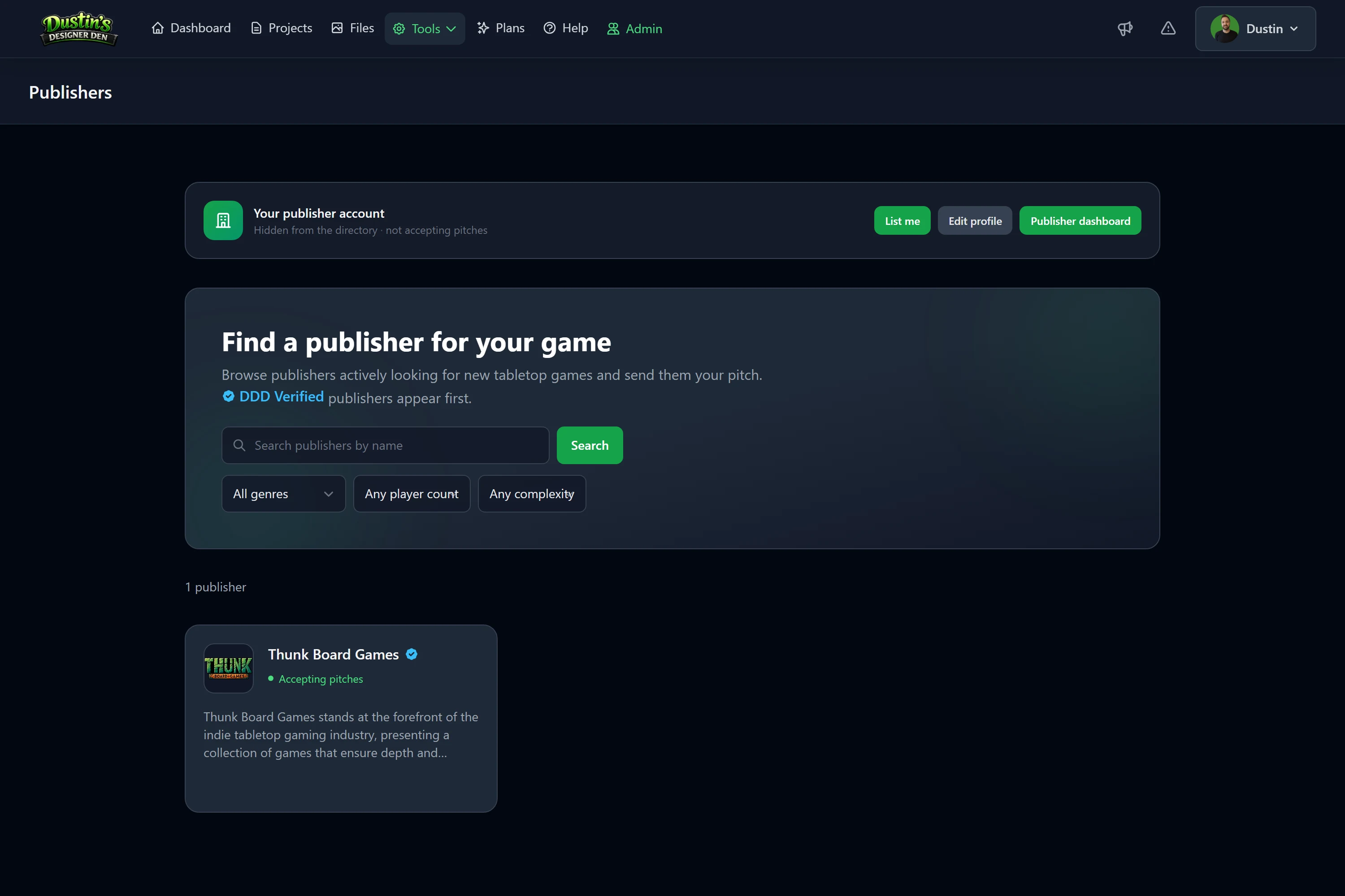 The Publishers directory: search and genre/player-count/complexity filters, with each publisher card showing whether they're accepting pitches