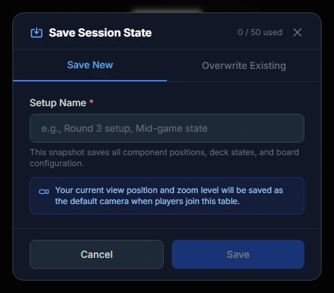 The Save Session State dialog: a Save New tab, a name field, and a note that your current view and zoom become the default camera