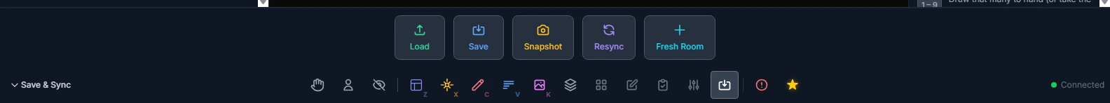 The Save & Sync panel in the room toolbar, with Load, Save, Snapshot, Resync and Fresh Room buttons