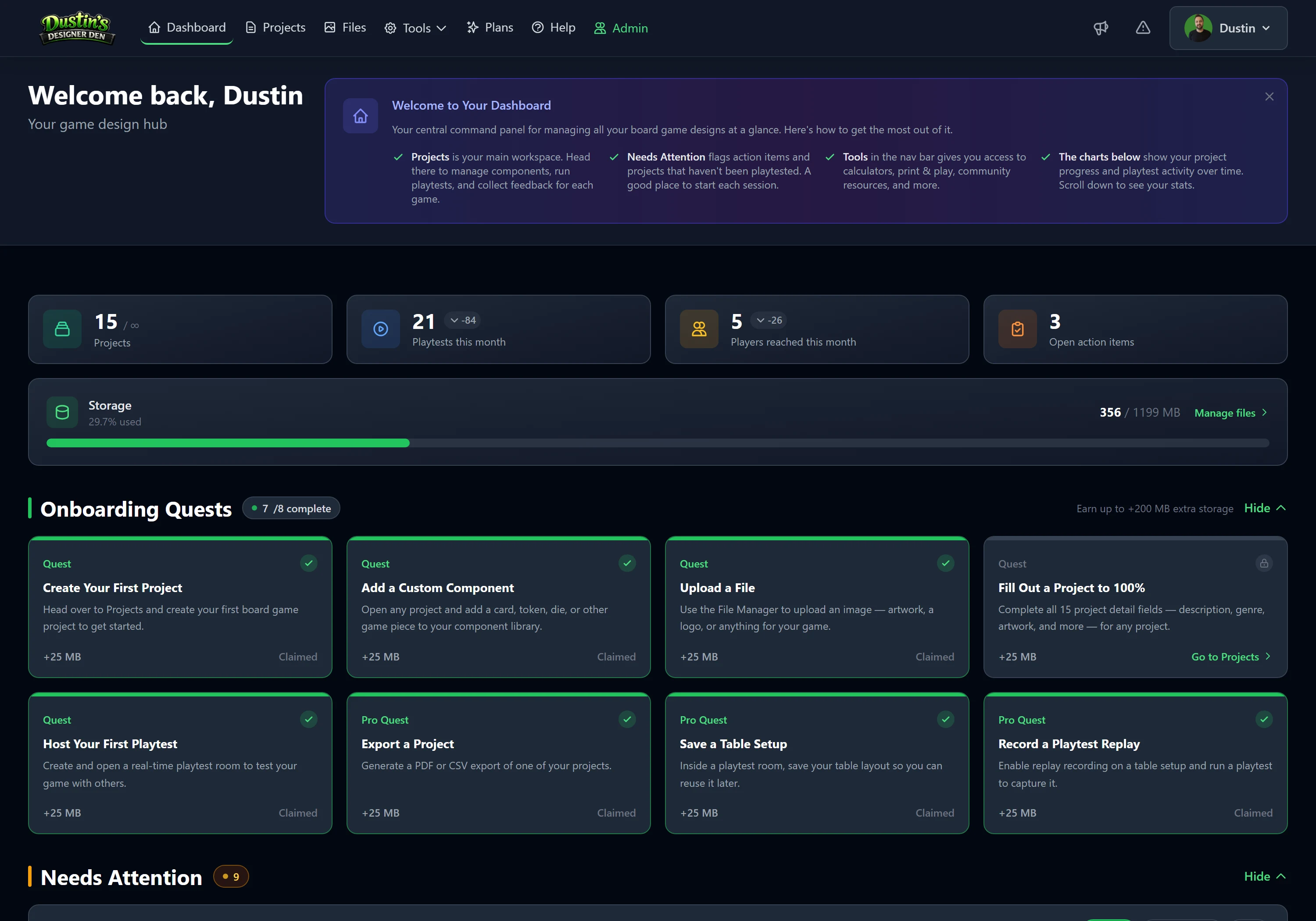 Your dashboard: project and playtest stats, a storage meter, and the onboarding quests that walk you through the basics