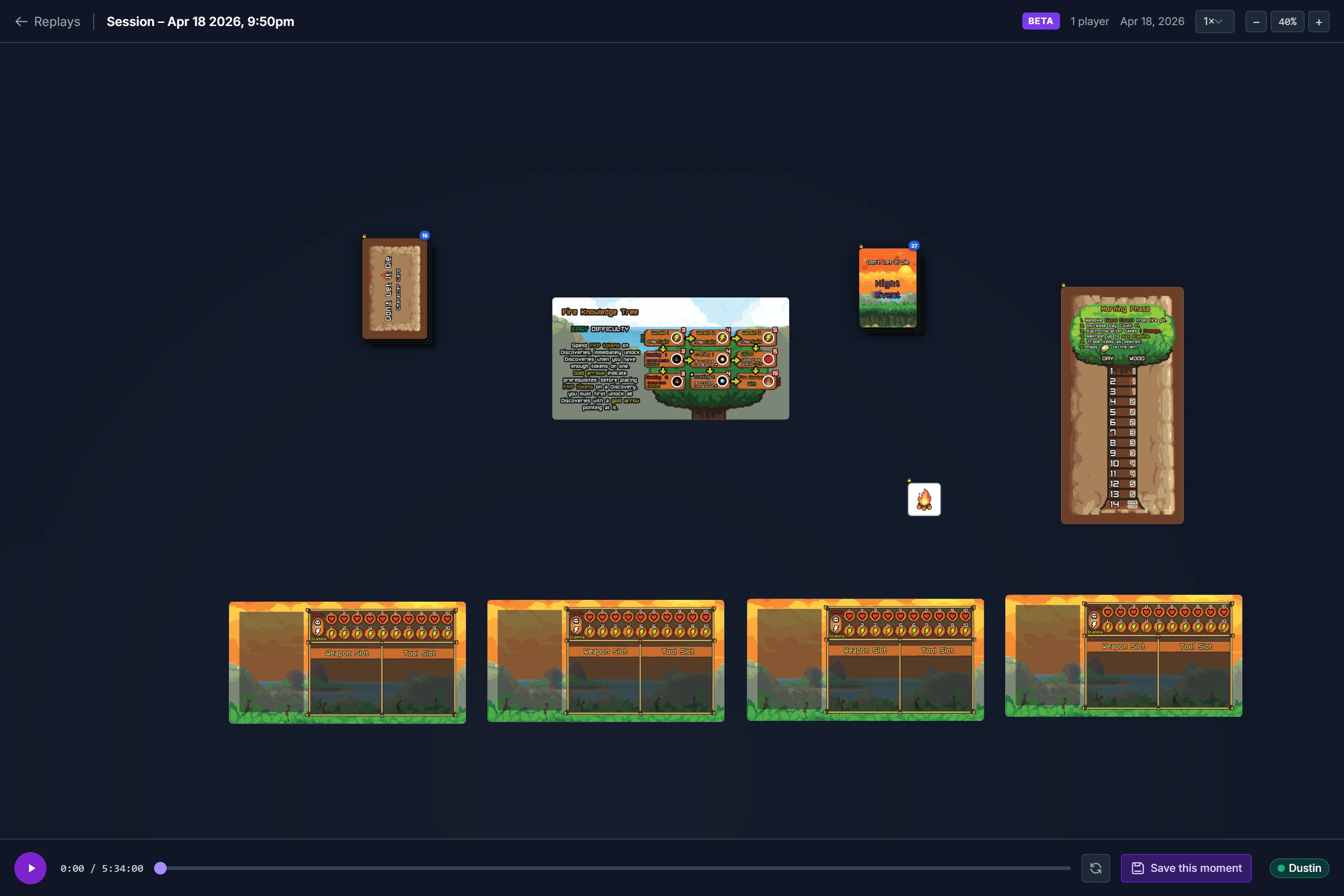 The Session Replay viewer: the recorded table with a playback timeline, speed control, and a "Save this moment" button