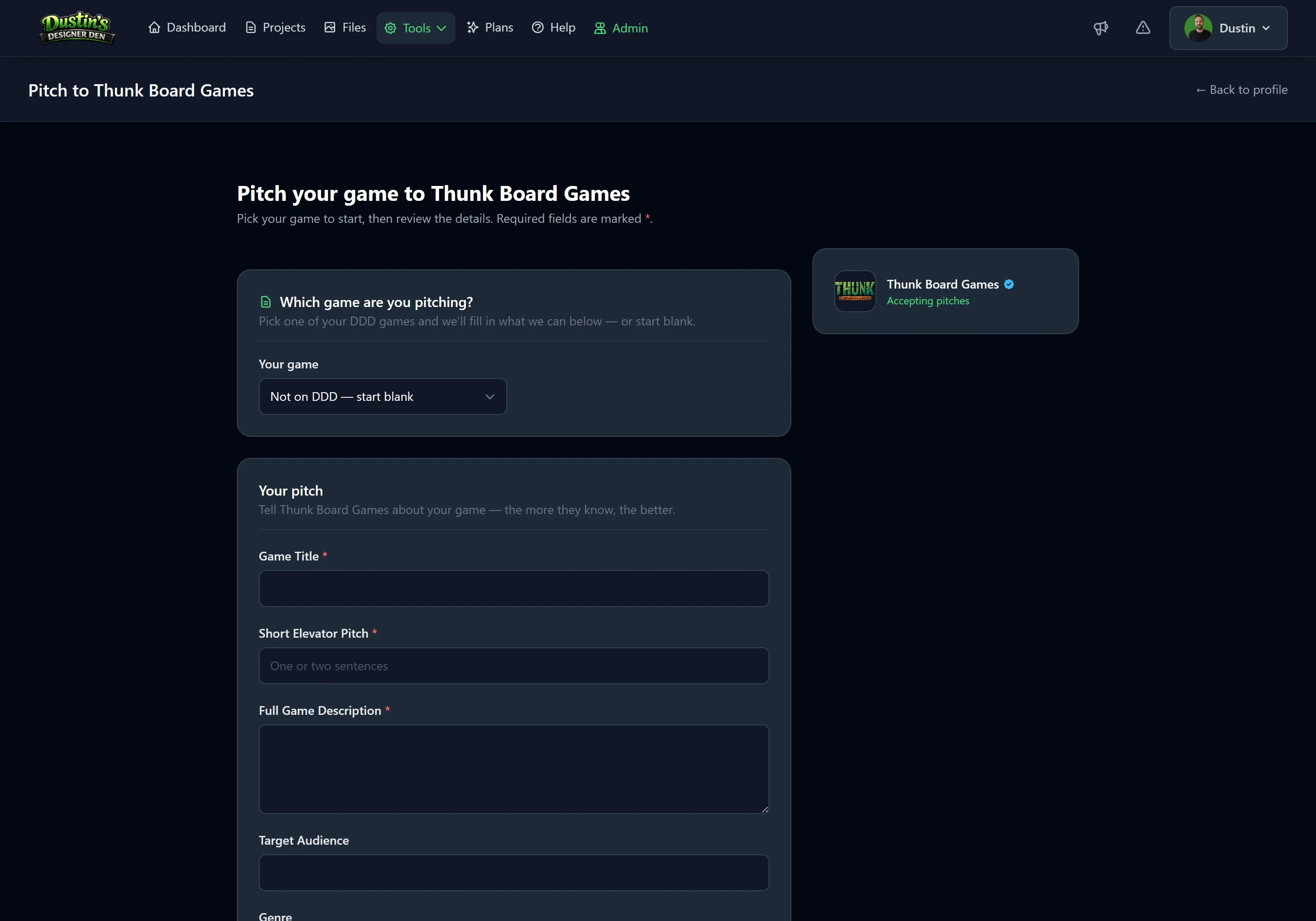 The pitch form, where you pick the game and can attach a saved table setup for the publisher to launch