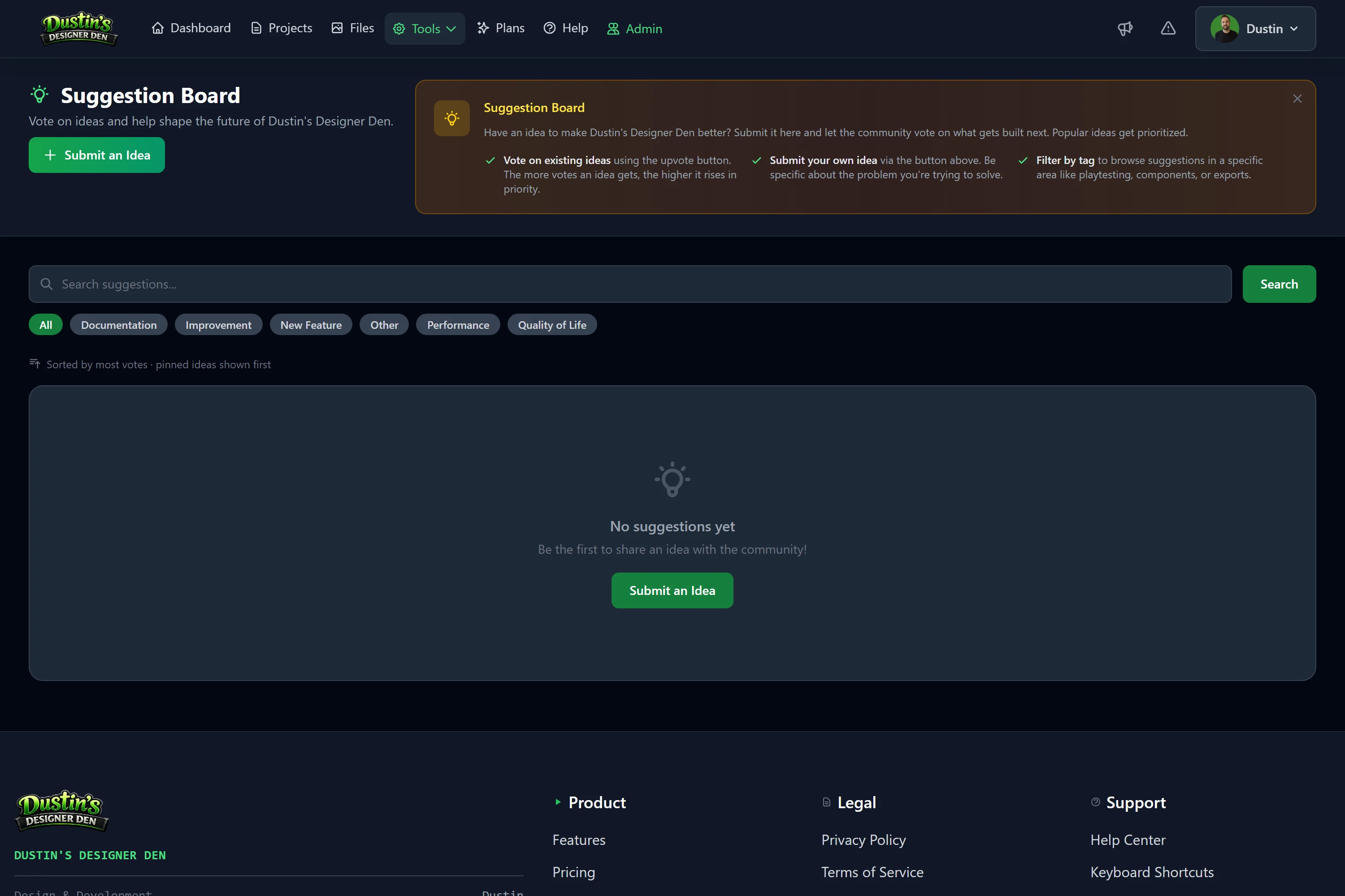 The Suggestion Board: submit an idea, filter by tag, and vote so popular ideas rise in priority