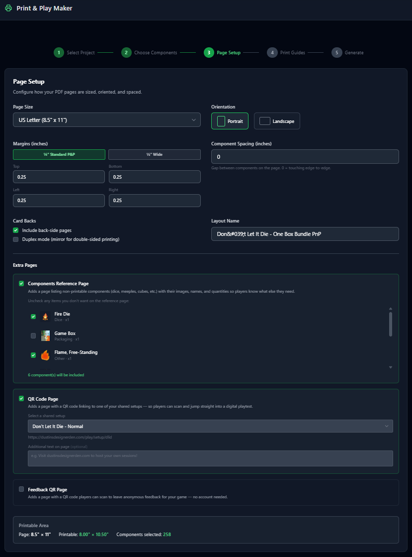 Print and Play Maker showing page setup with margins, bleed, and component selection