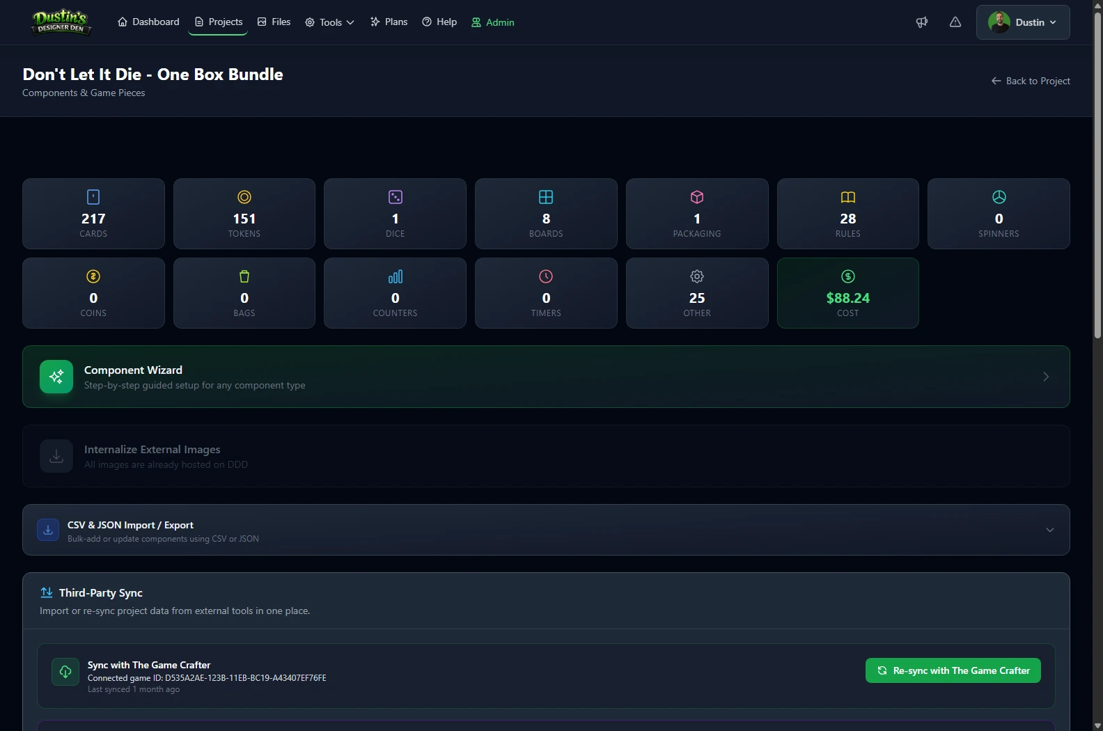 One component library: Cards, tokens, boards and rules in one place, with a build wizard, CSV import and The Game Crafter sync.