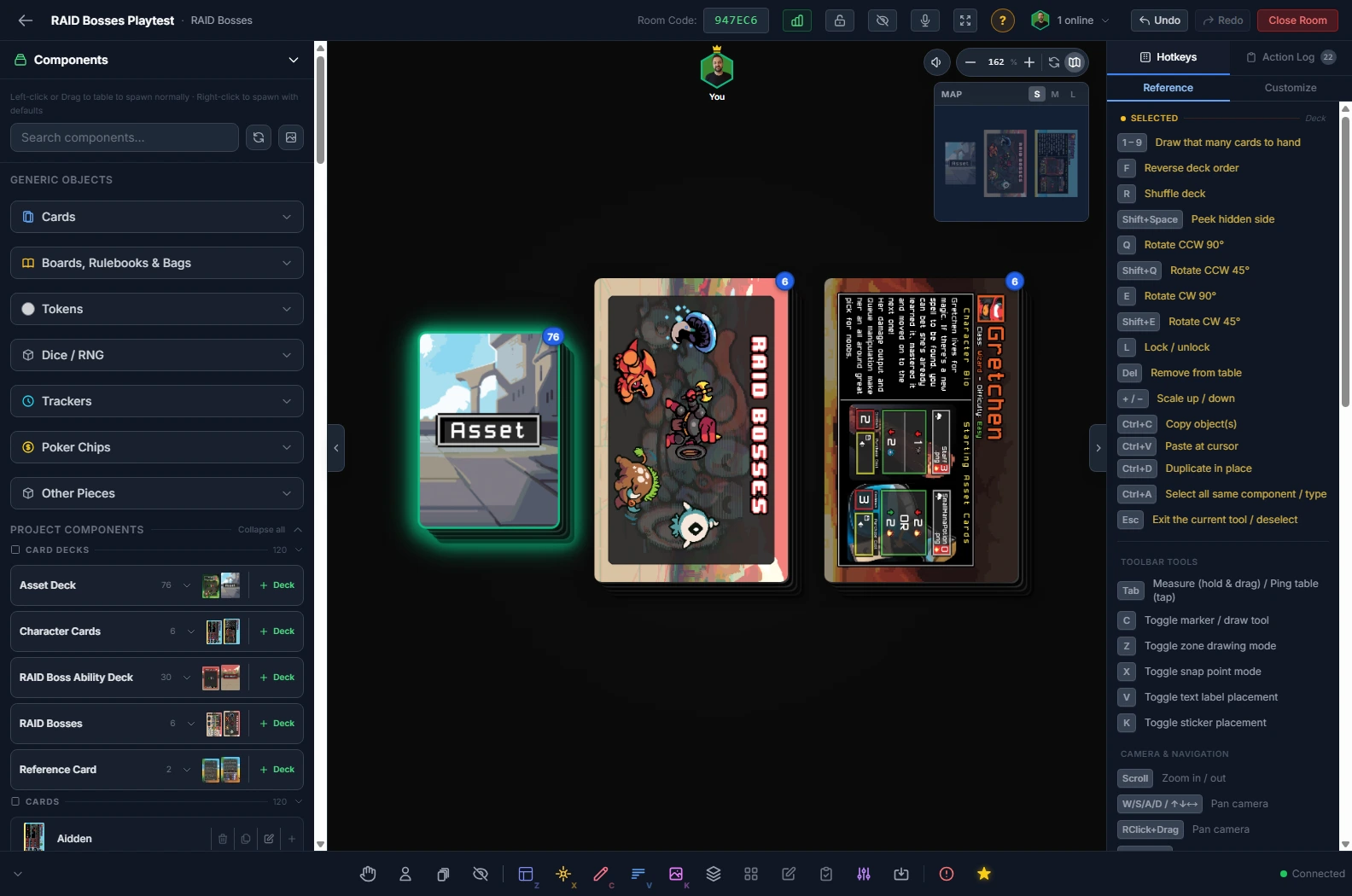 Decks and stacks: Decks keep their count and their order. Draw, reverse, shuffle and peek from the actions panel.