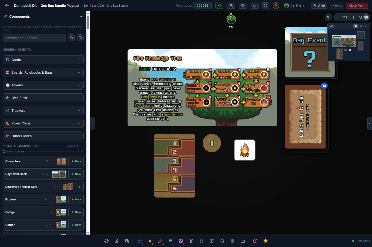 Your game, on a real table: Board, deck, cards and dice, all live and shared with everyone in the room.
